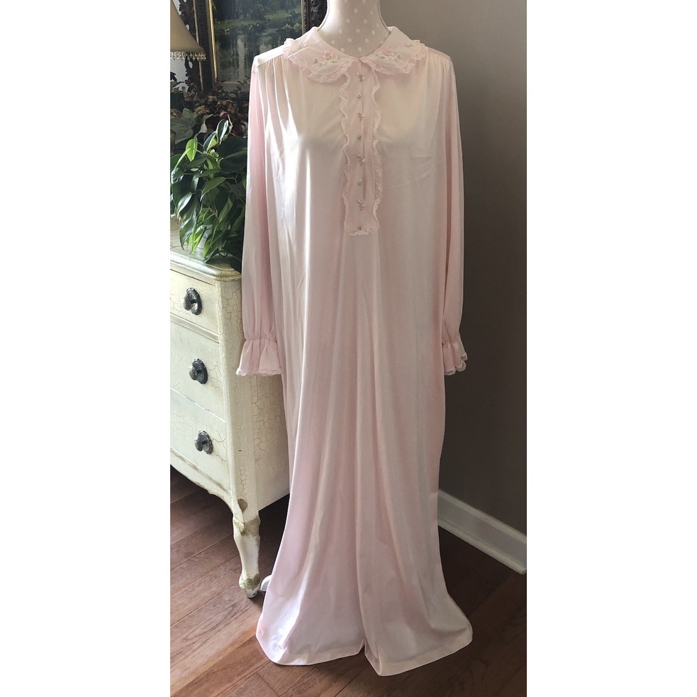 Vtg Shadow Line Nightgown Nylon Cuddle Soft Lace LS Cottagecore USA Women's L